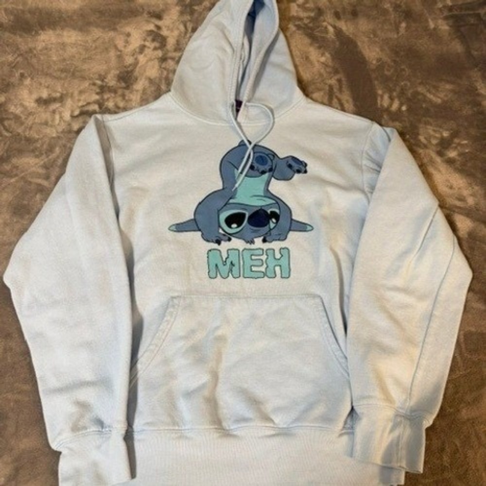 Disney Stitch Meh Light Blue Graphic Pullover Hoodie Sweatshirt Womens Medium